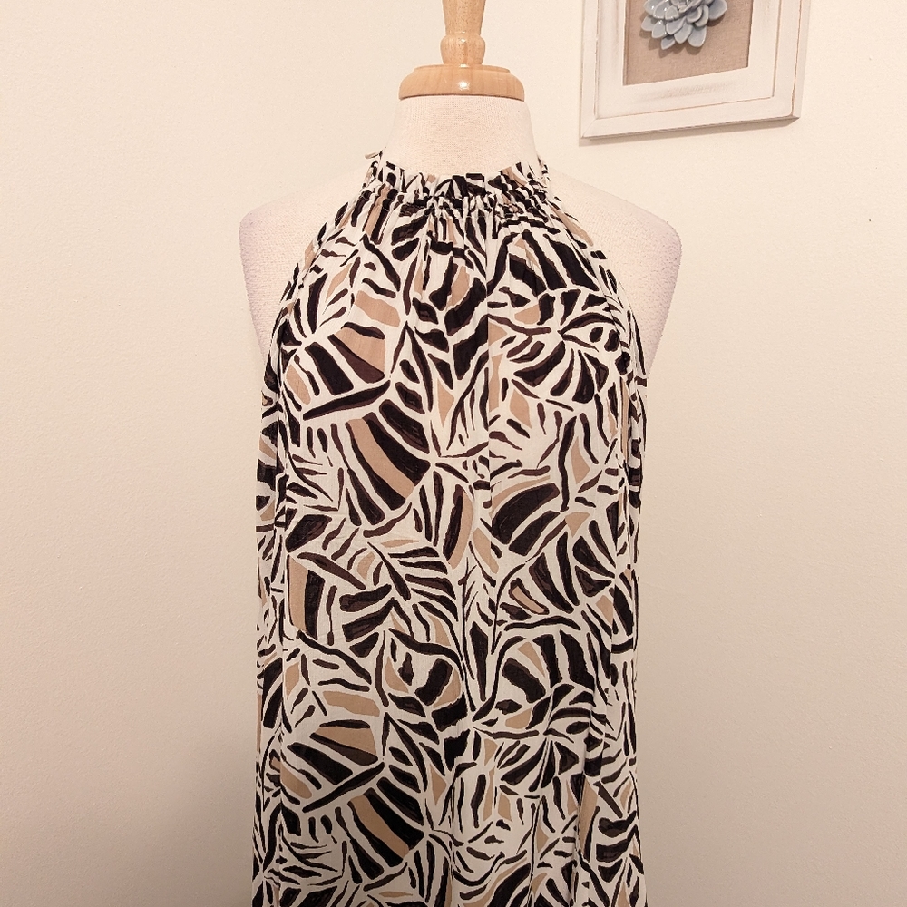 LOFT Beach Leafed Halter Ruffle Backless Maxi Dress Medium White Tan Brown - Picture 4 of 11